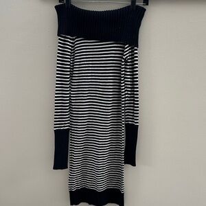BCBGMaxAzria Black and White Striped Off-Shoulder Dress